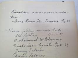 Vieraskirja alkaen 24.11.1938 - päättyen 7.6.1959, mahdollisesti diakonissan Lempi Ranki?, paljon tervehdyksiä ja nimikirjoituksia -guest book