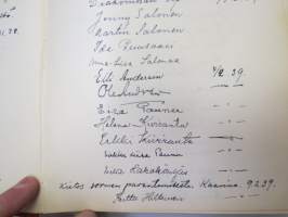 Vieraskirja alkaen 24.11.1938 - päättyen 7.6.1959, mahdollisesti diakonissan Lempi Ranki?, paljon tervehdyksiä ja nimikirjoituksia -guest book