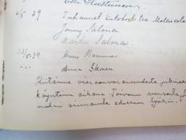 Vieraskirja alkaen 24.11.1938 - päättyen 7.6.1959, mahdollisesti diakonissan Lempi Ranki?, paljon tervehdyksiä ja nimikirjoituksia -guest book