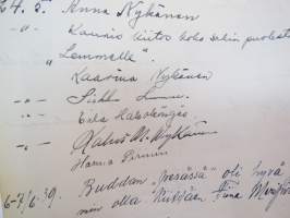 Vieraskirja alkaen 24.11.1938 - päättyen 7.6.1959, mahdollisesti diakonissan Lempi Ranki?, paljon tervehdyksiä ja nimikirjoituksia -guest book