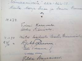 Vieraskirja alkaen 24.11.1938 - päättyen 7.6.1959, mahdollisesti diakonissan Lempi Ranki?, paljon tervehdyksiä ja nimikirjoituksia -guest book