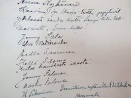 Vieraskirja alkaen 24.11.1938 - päättyen 7.6.1959, mahdollisesti diakonissan Lempi Ranki?, paljon tervehdyksiä ja nimikirjoituksia -guest book