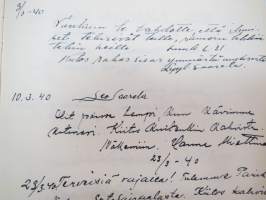 Vieraskirja alkaen 24.11.1938 - päättyen 7.6.1959, mahdollisesti diakonissan Lempi Ranki?, paljon tervehdyksiä ja nimikirjoituksia -guest book