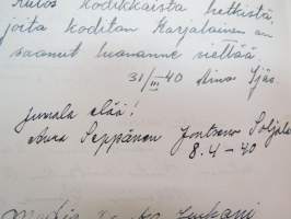 Vieraskirja alkaen 24.11.1938 - päättyen 7.6.1959, mahdollisesti diakonissan Lempi Ranki?, paljon tervehdyksiä ja nimikirjoituksia -guest book