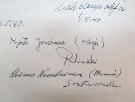 Vieraskirja alkaen 24.11.1938 - päättyen 7.6.1959, mahdollisesti diakonissan Lempi Ranki?, paljon tervehdyksiä ja nimikirjoituksia -guest book