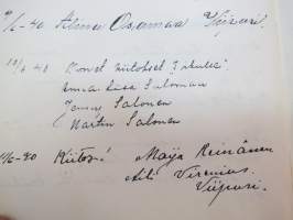 Vieraskirja alkaen 24.11.1938 - päättyen 7.6.1959, mahdollisesti diakonissan Lempi Ranki?, paljon tervehdyksiä ja nimikirjoituksia -guest book