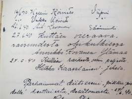 Vieraskirja alkaen 24.11.1938 - päättyen 7.6.1959, mahdollisesti diakonissan Lempi Ranki?, paljon tervehdyksiä ja nimikirjoituksia -guest book