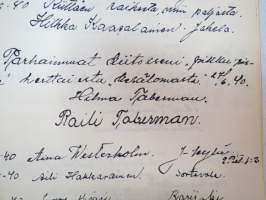 Vieraskirja alkaen 24.11.1938 - päättyen 7.6.1959, mahdollisesti diakonissan Lempi Ranki?, paljon tervehdyksiä ja nimikirjoituksia -guest book