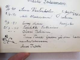 Vieraskirja alkaen 24.11.1938 - päättyen 7.6.1959, mahdollisesti diakonissan Lempi Ranki?, paljon tervehdyksiä ja nimikirjoituksia -guest book