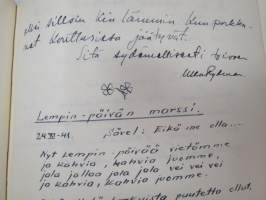 Vieraskirja alkaen 24.11.1938 - päättyen 7.6.1959, mahdollisesti diakonissan Lempi Ranki?, paljon tervehdyksiä ja nimikirjoituksia -guest book