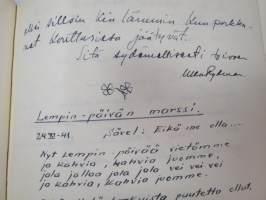 Vieraskirja alkaen 24.11.1938 - päättyen 7.6.1959, mahdollisesti diakonissan Lempi Ranki?, paljon tervehdyksiä ja nimikirjoituksia -guest book