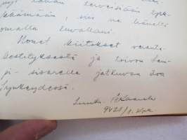 Vieraskirja alkaen 24.11.1938 - päättyen 7.6.1959, mahdollisesti diakonissan Lempi Ranki?, paljon tervehdyksiä ja nimikirjoituksia -guest book