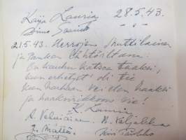 Vieraskirja alkaen 24.11.1938 - päättyen 7.6.1959, mahdollisesti diakonissan Lempi Ranki?, paljon tervehdyksiä ja nimikirjoituksia -guest book