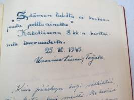 Vieraskirja alkaen 24.11.1938 - päättyen 7.6.1959, mahdollisesti diakonissan Lempi Ranki?, paljon tervehdyksiä ja nimikirjoituksia -guest book