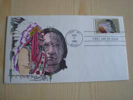 Intiaanipäällikkö Sitting Bull, Istuva Härkä, 1990, USA, ensipäiväkuori, FDC, todella hieno käsinmaalattu kuori, harvinainen. Katso myös muut kohteeni mm.