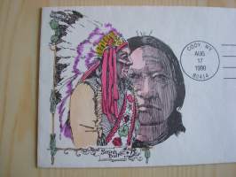 Intiaanipäällikkö Sitting Bull, Istuva Härkä, 1990, USA, ensipäiväkuori, FDC, todella hieno käsinmaalattu kuori, harvinainen. Katso myös muut kohteeni mm.