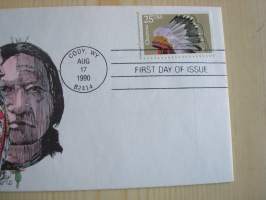 Intiaanipäällikkö Sitting Bull, Istuva Härkä, 1990, USA, ensipäiväkuori, FDC, todella hieno käsinmaalattu kuori, harvinainen. Katso myös muut kohteeni mm.