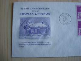 Thomas Alva Edison, 1947, USA, ensipäiväkuori, FDC.  Katso myös muut kohteeni mm. noin 1500 erilaista amerikkalaista ensipäiväkuorta 1920-luvulta 2000-luvulle,