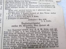 Helsingfors Tidningar, Onsdagen den 22 Maj 1850, innehåller bl. a. följande artiklar / annonser; Utnänmde - Stadsläkaren i Kuopio Dr. L.D. Thuring till