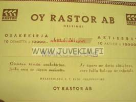 Oy Rastor Ab, Helsinki 1950, 100 000 mk -osakekirja