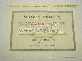 Suomen Trikoo Oy / Ab, Tampere 1950, 100 000 mk -osakekirja