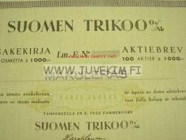 Suomen Trikoo Oy / Ab, Tampere 1950, 100 000 mk -osakekirja