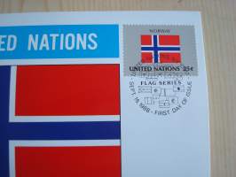 Norja, Norjanlippu, Yhdistyneet Kansakunnat, YK, United Nations, 1988, maksikortti, FDC. Katso myös muut kohteeni mm. noin 1500 erilaista amerikkalaista