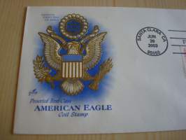 American Eagle, 2003, USA, ensipäiväkuori, FDC, kotkavaakuna on kohopainettu, hieno kuori kolmella erilaisella postimerkillä. Minulla on myös samaa kuorta