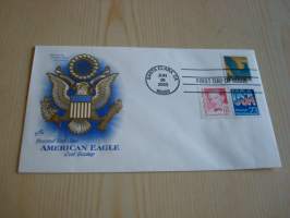 American Eagle, 2003, USA, ensipäiväkuori, FDC, kotkavaakuna on kohopainettu, hieno kuori kolmella erilaisella postimerkillä. Minulla on myös samaa kuorta