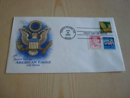 American Eagle, 2003, USA, ensipäiväkuori, FDC, kotkavaakuna on kohopainettu, hieno kuori kolmella erilaisella postimerkillä. Minulla on myös samaa kuorta