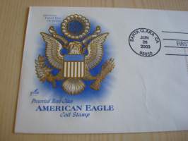 American Eagle, 2003, USA, ensipäiväkuori, FDC, kotkavaakuna on kohopainettu, hieno kuori kolmella erilaisella postimerkillä. Minulla on myös samaa kuorta