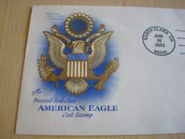 American Eagle, 2003, USA, ensipäiväkuori, FDC, kotkavaakuna on kohopainettu, hieno kuori kolmella erilaisella postimerkillä. Minulla on myös samaa kuorta