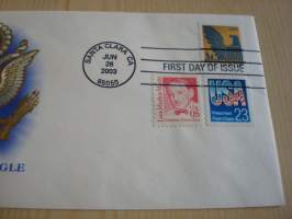 American Eagle, 2003, USA, ensipäiväkuori, FDC, kotkavaakuna on kohopainettu, hieno kuori kolmella erilaisella postimerkillä. Minulla on myös samaa kuorta