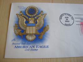 American Eagle, 2003, USA, ensipäiväkuori, FDC, kotkavaakuna on kohopainettu, hieno kuori kolmella erilaisella postimerkillä. Minulla on myös samaa kuorta