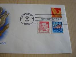 American Eagle, 2003, USA, ensipäiväkuori, FDC, kotkavaakuna on kohopainettu, hieno kuori kolmella erilaisella postimerkillä. Minulla on myös samaa kuorta
