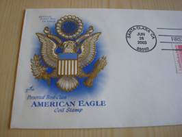 American Eagle, 2003, USA, ensipäiväkuori, FDC, kotkavaakuna on kohopainettu, hieno kuori kolmella erilaisella postimerkillä. Minulla on myös samaa kuorta