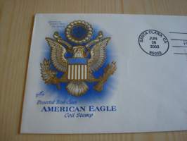 American Eagle, 2003, USA, ensipäiväkuori, FDC, kotkavaakuna on kohopainettu, hieno kuori kolmella erilaisella postimerkillä. Minulla on myös samaa kuorta