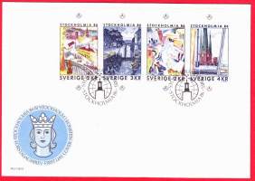 FDC Ruotsi 21.5. 1985 Stockholmia 86 postimerkkinäyttely.  Sisältää monikielisen  tietokortin julkaisusta.