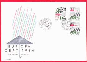 FDC Ruotsi 27.5. 1986 Europa Cept 1986. Sisältää monikielisen  tietokortin julkaisusta.