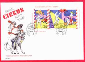 FDC Ruotsi 10.10. 1987 Svensk cirkuskonst 200 år/Ruotsalaista sirkustaidetta 200 v. Sisältää monikielisen  tietokortin julkaisusta.