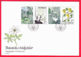 FDC Ruotsi 10.10. 1987 Botaniska trädgårdar/Luonnontieteellisiä puutarhoja. Sisältää monikielisen  tietokortin julkaisusta.