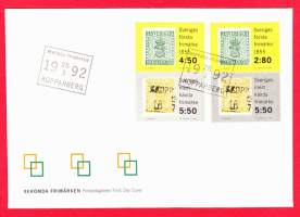 FDC Ruotsi 26.3. 1992 Berömda frimärken/Maailmankuuluja postimerkkejä: Kolmen shillingin vihreä ja sininen.. Sisältää monikielisen  tietokortin julkaisusta.