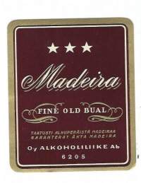Madeira Fine Old Bual -Alkoholiliike Oy 6205 vanha viinaetiketti