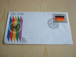 Länsi-Saksa, lippusarja Yhdistyneet Kansakunnat, YK, United Nations, 1985, ensipäiväkuori, FDC. Minulla on myös juuri tulleet yli 100 muuta YK:n lippusarjan
