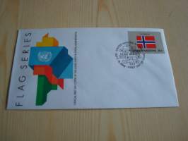 Norja, lippusarja Yhdistyneet Kansakunnat, YK, United Nations, 1988, ensipäiväkuori, FDC. Minulla on myös juuri tulleet yli 100 muuta YK:n lippusarjan