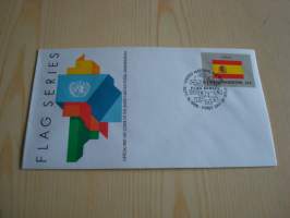 Espanja, lippusarja Yhdistyneet Kansakunnat, YK, United Nations, 1988, ensipäiväkuori, FDC. Minulla on myös juuri tulleet yli 100 muuta YK:n lippusarjan
