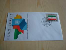 Iran, lippusarja Yhdistyneet Kansakunnat, YK, United Nations, 1988, ensipäiväkuori, FDC. Minulla on myös juuri tulleet yli 100 muuta YK:n lippusarjan