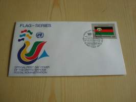 Afghanistan, lippusarja Yhdistyneet Kansakunnat, YK, United Nations, 1987, ensipäiväkuori, FDC. Minulla on myös juuri tulleet yli 100 muuta YK:n lippusarjan