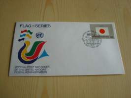 Japani, lippusarja Yhdistyneet Kansakunnat, YK, United Nations, 1987, ensipäiväkuori, FDC. Minulla on myös juuri tulleet yli 100 muuta YK:n lippusarjan