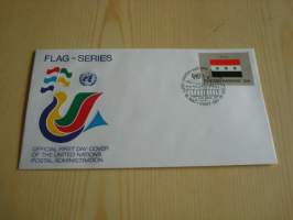 Irak, lippusarja Yhdistyneet Kansakunnat, YK, United Nations, 1987, ensipäiväkuori, FDC. Minulla on myös juuri tulleet yli 100 muuta YK:n lippusarjan